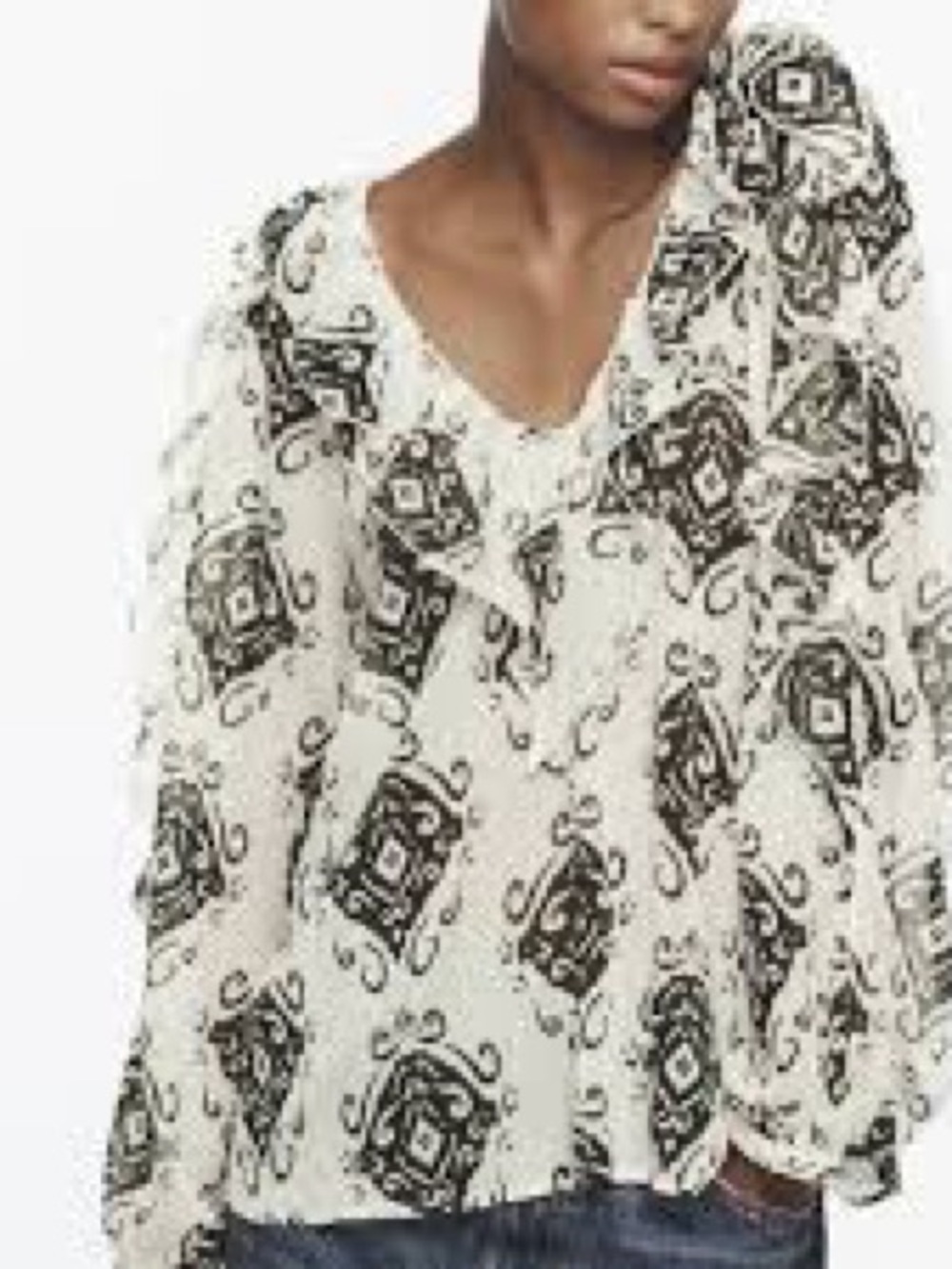 Zara Black & White Printed Ruffle V-Neck Blouse